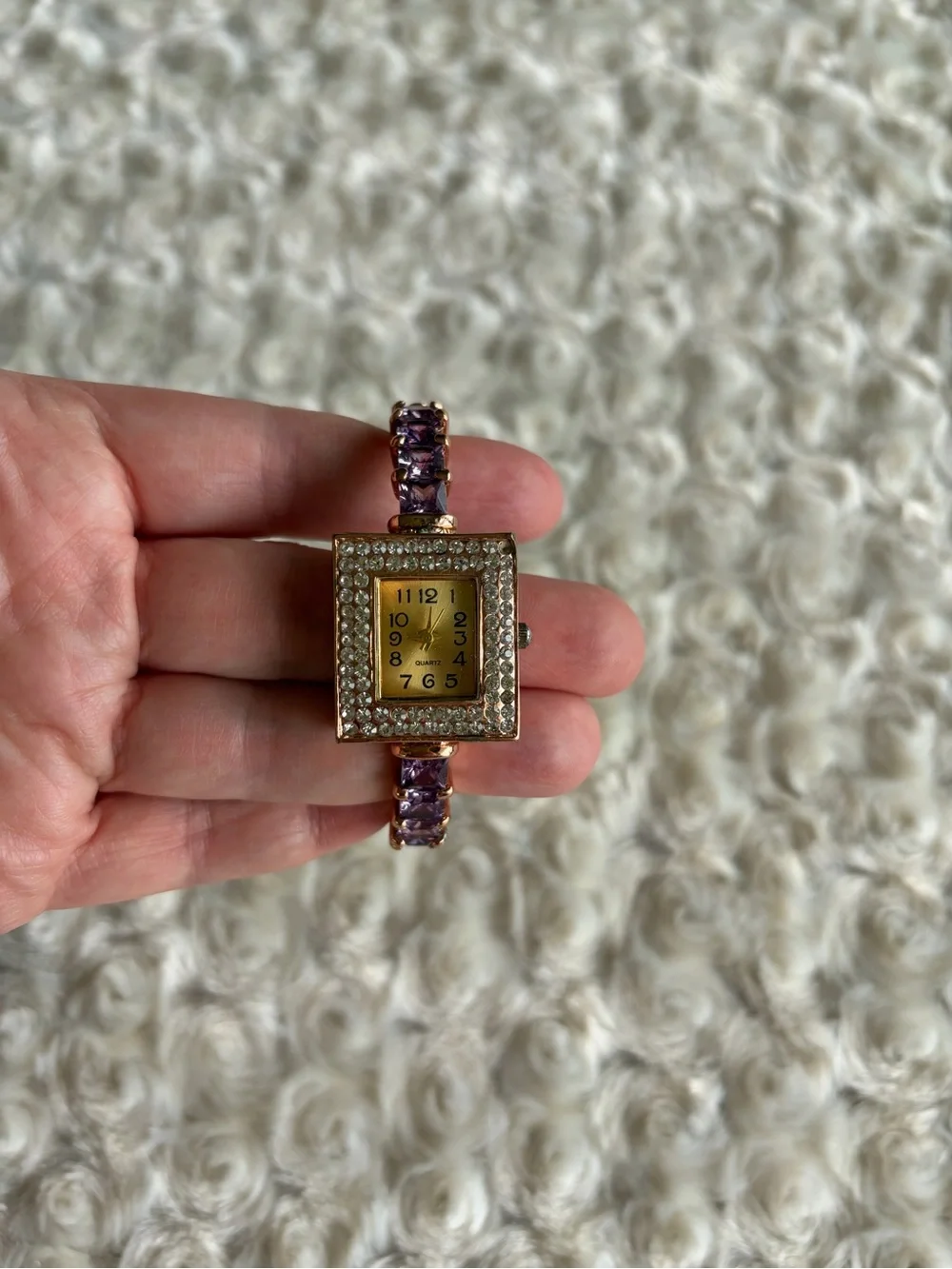 Rose Gold Bracelet Watch with Purple Gem Accents